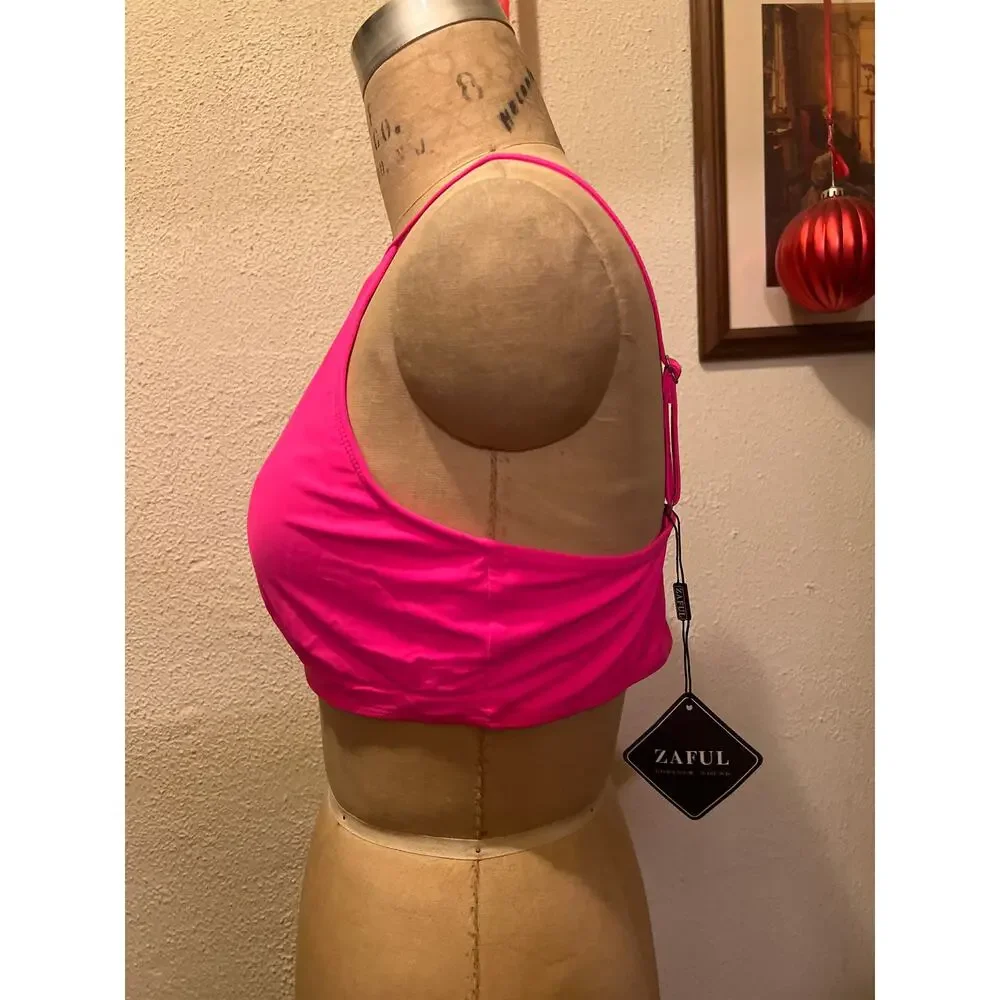 Sheer Mesh Deep Plunge Tankini Bikini Swimsuit Top Pink NWT Size XL - Picture 4 of 8